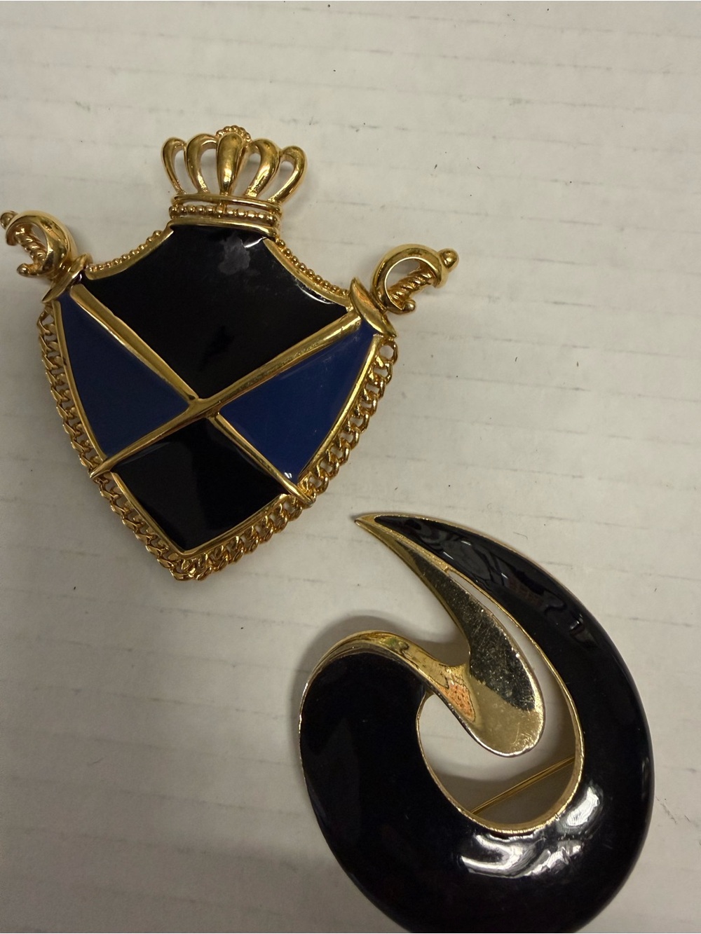 Gold-Tone Black & Navy Enamel Shield and Swirl Brooch Set